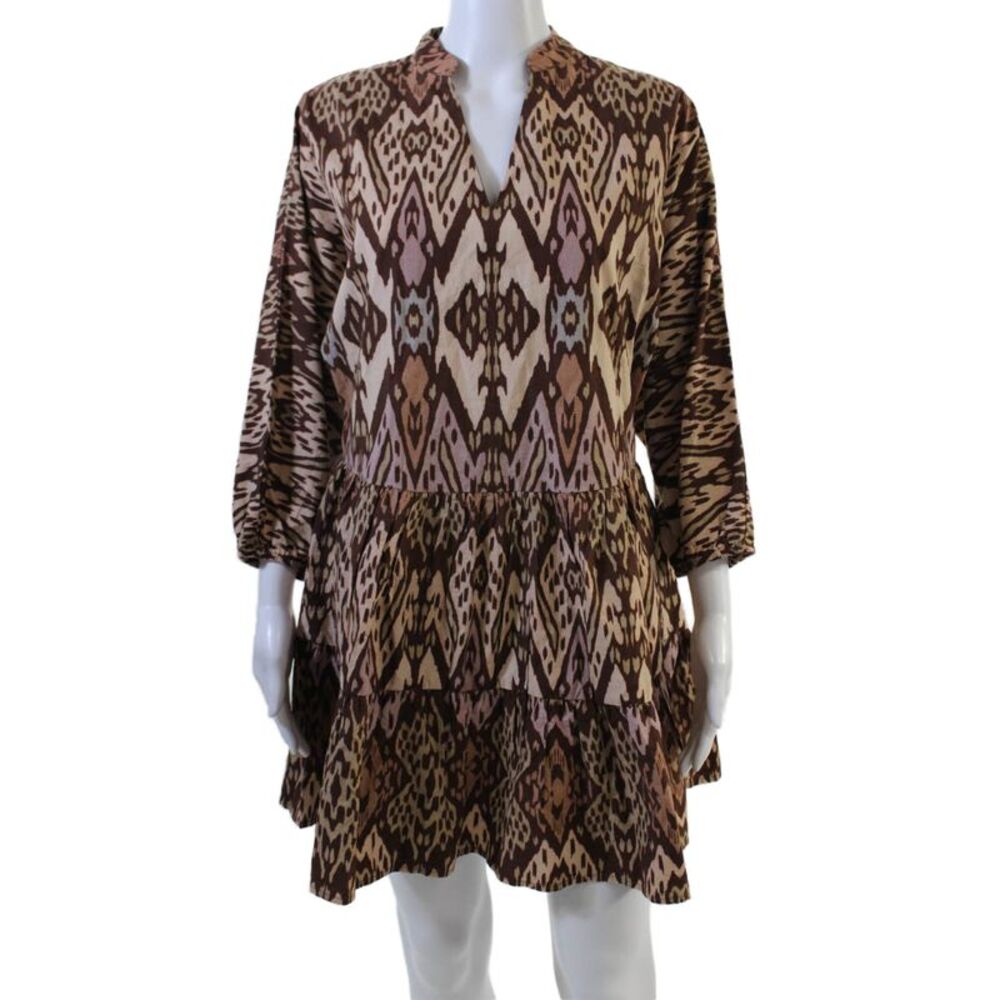 Conditions Apply Womens Cotton Abstract Print Tiered Dress Brown Size 2XS